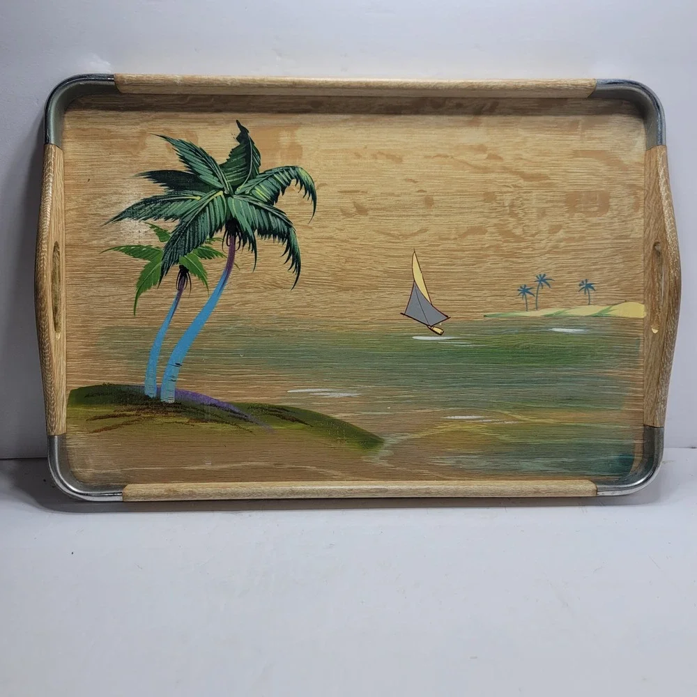 Vintage Hand Painted Tropical Palm Tree Sailboat Wood Serving Tray Metal Rim 17